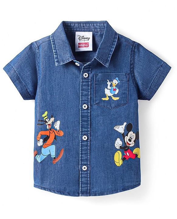 Babyhug Disney Knit Half Sleeves Denim Shirt with Mickey Mouse & Family Graphics  - Navy Blue