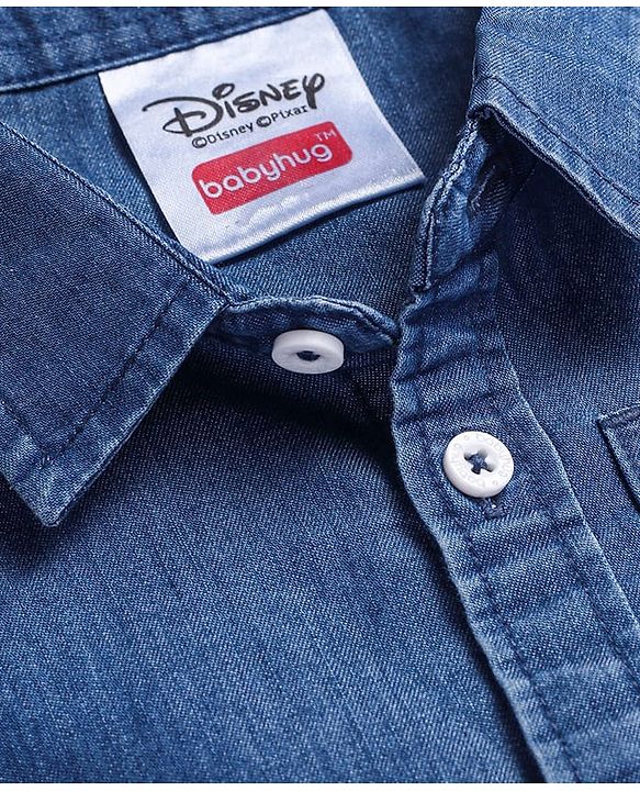 Babyhug Disney Knit Half Sleeves Denim Shirt with Mickey Mouse & Family Graphics  - Navy Blue