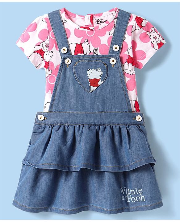 Babyhug Disney Single Jersey Knit Denim Frock & Half Sleeves Top with Winnie the Pooh Graphics - Navy Blue