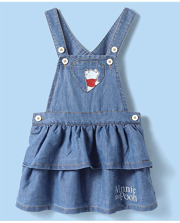 Babyhug Disney Single Jersey Knit Denim Frock & Half Sleeves Top with Winnie the Pooh Graphics - Navy Blue
