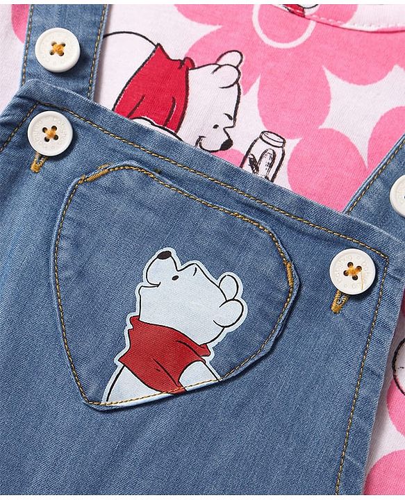Babyhug Disney Single Jersey Knit Denim Frock & Half Sleeves Top with Winnie the Pooh Graphics - Navy Blue