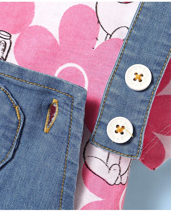 Babyhug Disney Single Jersey Knit Denim Frock & Half Sleeves Top with Winnie the Pooh Graphics - Navy Blue