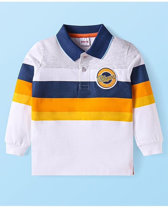 Babyhug Cotton Knit Full Sleeves Polo T-Shirt With Cut & Sew Design & Text Patch - White