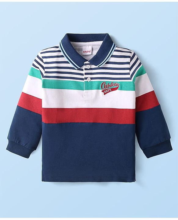 Babyhug Cotton Knit Full Sleeves Cut & Sew Polo T-Shirt with Stripes & Patch Detailing - Multicolor