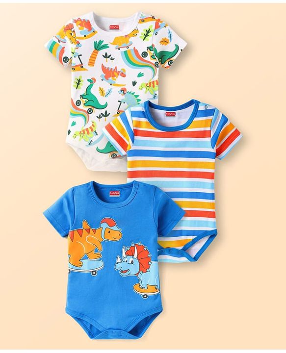 Babyhug Disney Interlock Knit Half Sleeves Onesies With  Stripes Dino Graphics Pack Of 3 - Blue & White