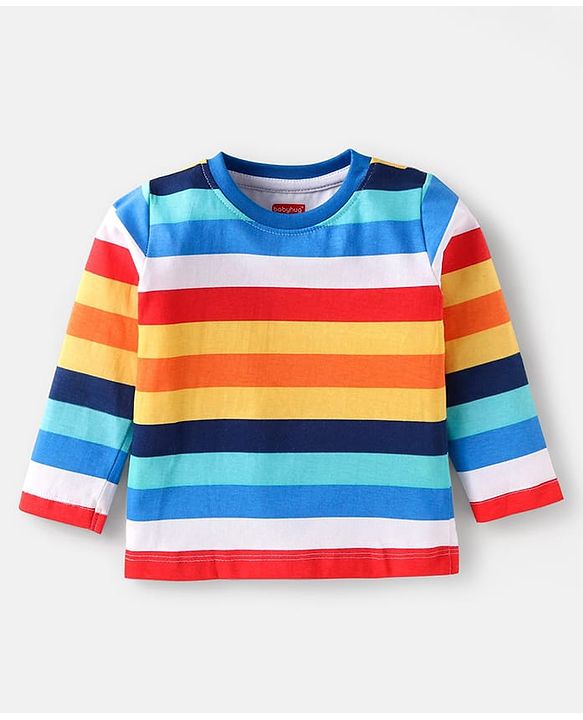 Babyhug Cotton Knit Full Sleeves T-Shirts With Stripes Text & Animal Print Pack Of 7 - Blue Yellow Orange