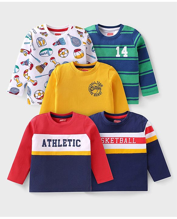 Babyhug Cotton Knit Full Sleeves T-Shirt with Stripes & Sport Graphics Pack of 5 - Navy Blue White Yellow