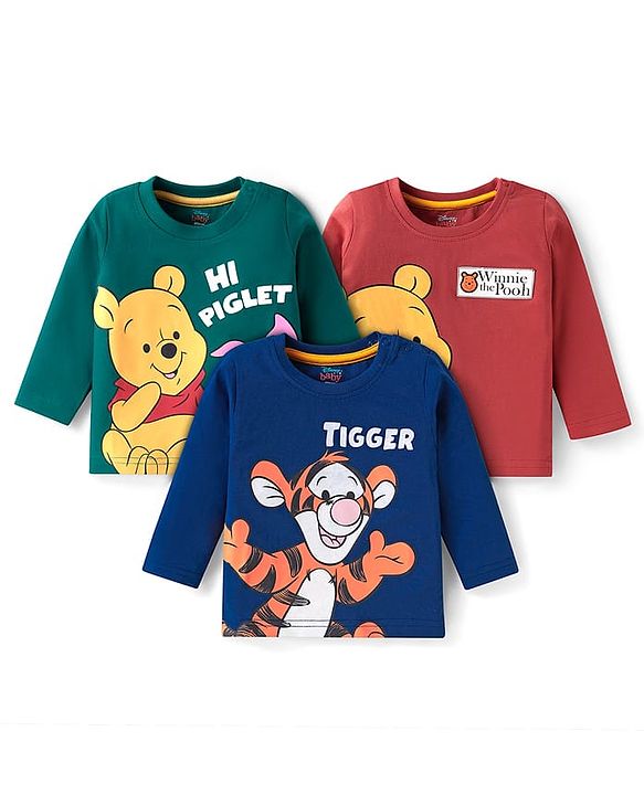 Babyhug Disney Single Jersey Knit Full Sleeves T-Shirts With Winnie The Pooh & Friends Graphics Pack of 3 - Navy Blue Green & Red