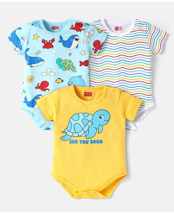 Babyhug 100% Cotton Knit Half Sleeves Striped & Sea Animals Printed Onesies Pack of 3 - Yellow Light Blue & White