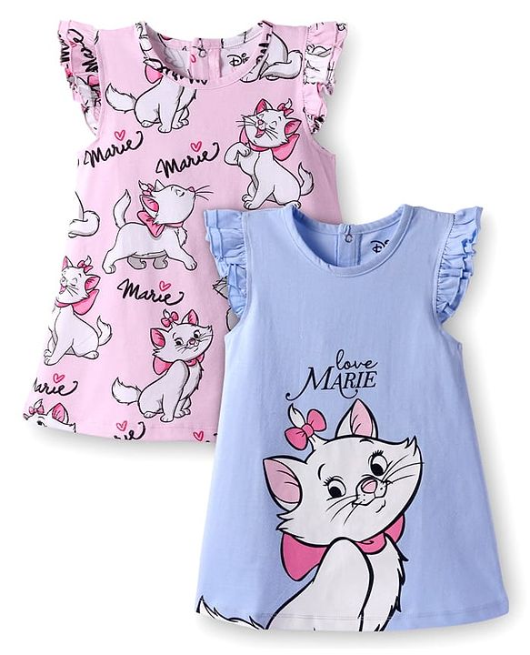 Babyhug Disney Single Jersey Knit Frill Sleeves Nighties with Marie Graphics Pack of 2 - Pink & Light Blue