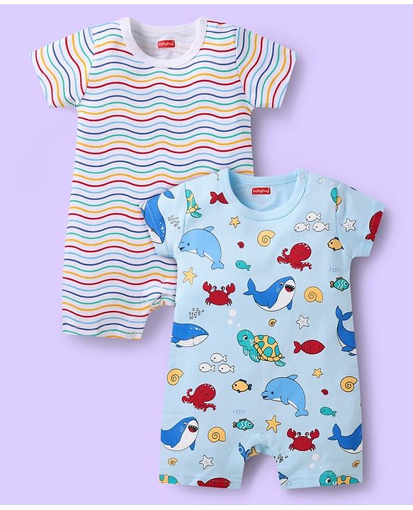 Babyhug 100% Cotton Knit Half Sleeves Rompers with Sea Life Print & Stripes Pack of 2 - White & Light Blue