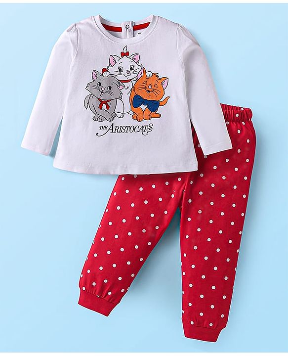 Babyhug Disney Single Jersey Knit Full Sleeves Night Suit With Marie & Friends Graphic - Red & White