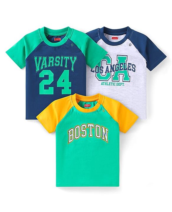 Babyhug Cotton Knit Half Raglan Sleeves T-Shirt with Text Print Pack 3 - Navy Blue & Light Green