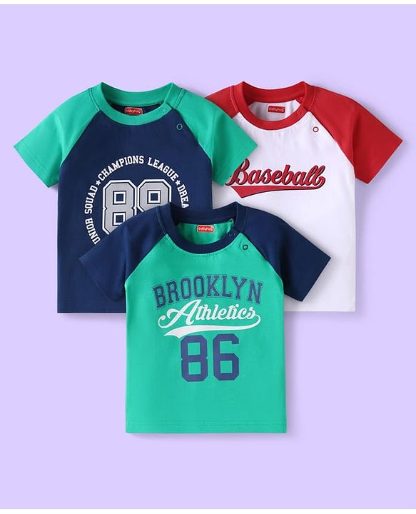 Babyhug Cotton Knit Half Raglan Sleeves T-Shirts With Text Print Pack of 3 - Sea Green Navy Blue & White
