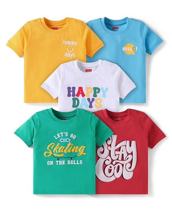 Babyhug Cotton Knit Half Sleeves T-Shirts With Text Print Pack of 5 - Multicolor