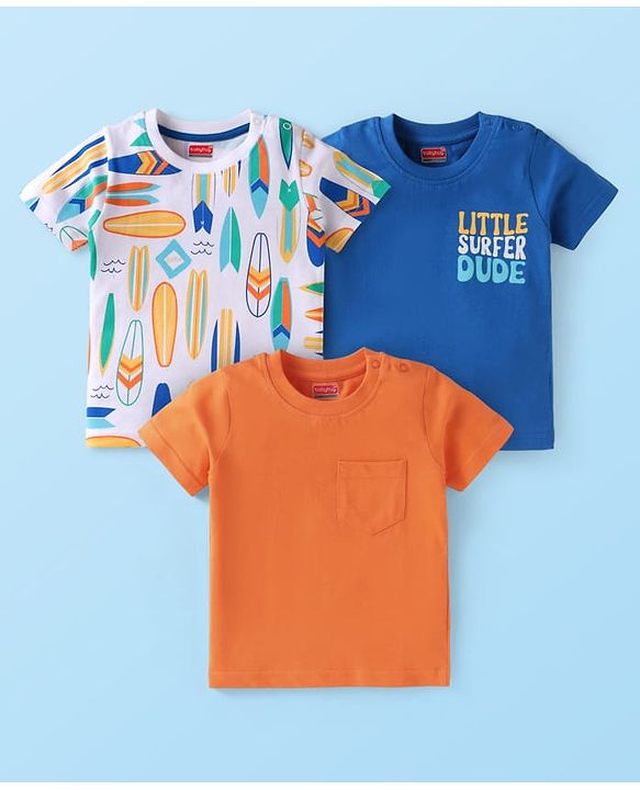 Babyhug Cotton Knit Half Sleeves T-Shirts With Surfing Print Pack of 3 - Orange Blue & White