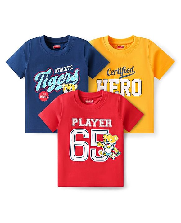 Babyhug Cotton Knit Half Sleeves T-Shirts with Tiger & Text Print Pack of 3 - Yellow Red & Navy Blue