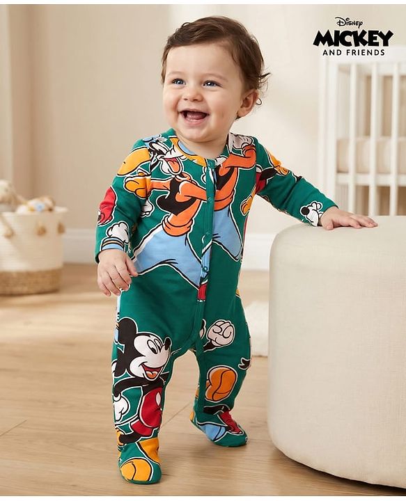 Babyhug Disney  Interlock Knit Full Sleeves Footed Sleepsuit With Mickey & Friends Print - Dark Green