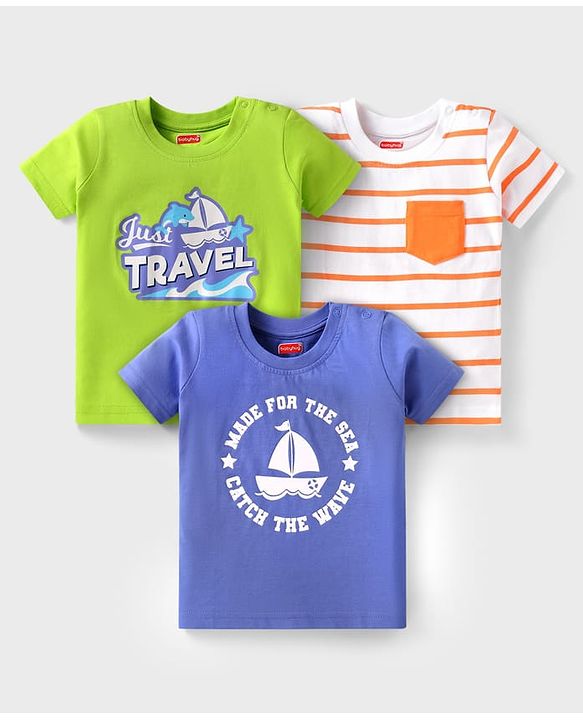 Babyhug Cotton Knit Half Sleeves T-Shirt with Stripes & Just Travel Text Print Pack Of 3 - White Blue & Neon Green