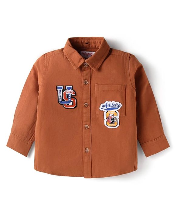 Babyhug Cotton Woven Full Sleeves Text Printed Shirt with Detachable Hood - Rust Orange