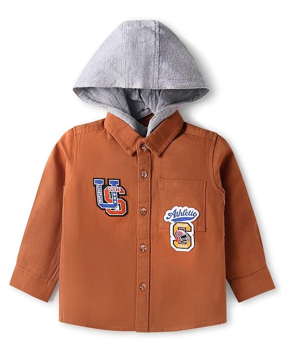 Babyhug Cotton Woven Full Sleeves Text Printed Shirt with Detachable Hood - Rust Orange