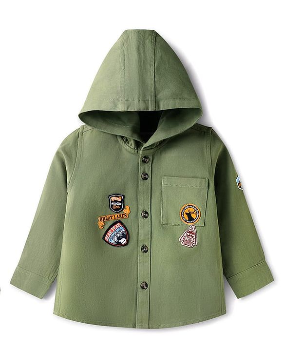 Babyhug Cotton Woven Full Sleeves Hooded Shirt with Text Patch - Olive Green