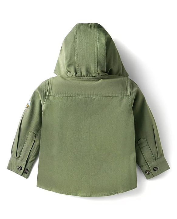 Babyhug Cotton Woven Full Sleeves Hooded Shirt with Text Patch - Olive Green