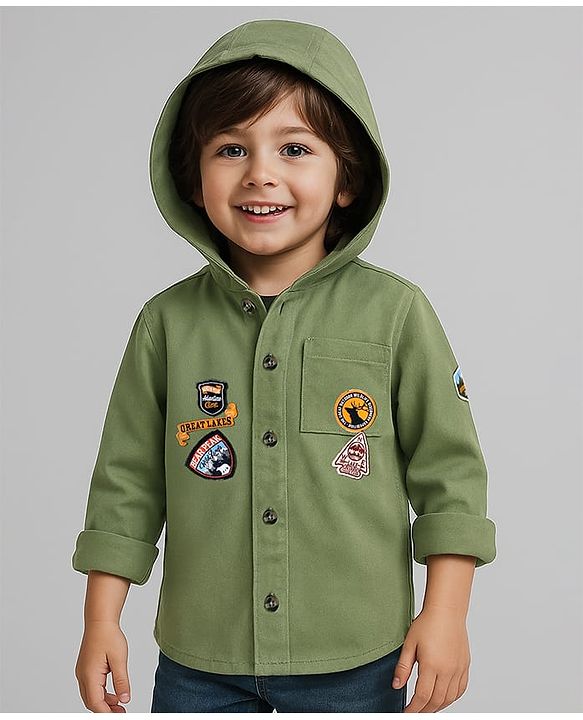 Babyhug Cotton Woven Full Sleeves Hooded Shirt with Text Patch - Olive Green