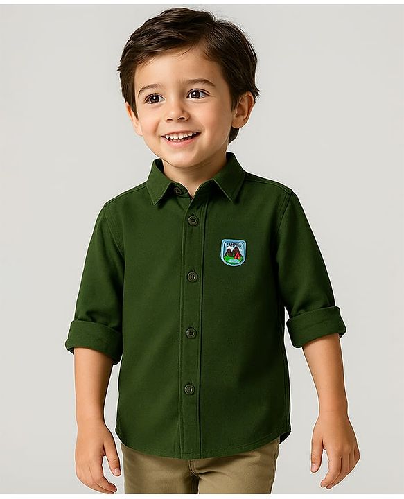 Babyhug Cotton Woven Full Sleeves Hooded Shirt with Patch Detailing - Dark Green