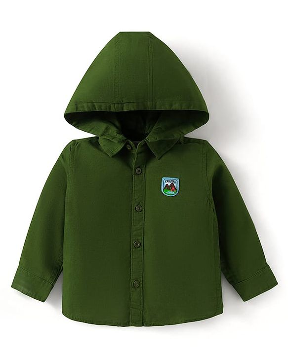 Babyhug Cotton Woven Full Sleeves Hooded Shirt with Patch Detailing - Dark Green