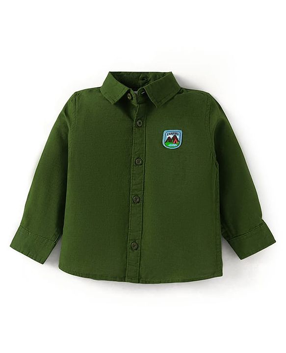 Babyhug Cotton Woven Full Sleeves Hooded Shirt with Patch Detailing - Dark Green
