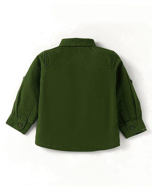 Babyhug Cotton Woven Full Sleeves Hooded Shirt with Patch Detailing - Dark Green
