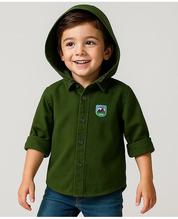 Babyhug Cotton Woven Full Sleeves Hooded Shirt with Patch Detailing - Dark Green