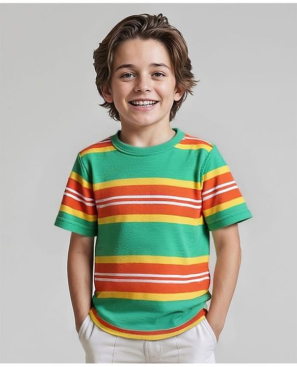 Pine Kids Cotton Knit Half Sleeves T-Shirt with Stripes -  Green & Yellow