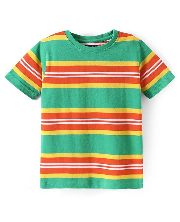 Pine Kids Cotton Knit Half Sleeves T-Shirt with Stripes -  Green & Yellow