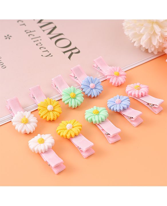 Babyhug Hair Pins And Clips With Floral  Applique Pack of 10 - Pink