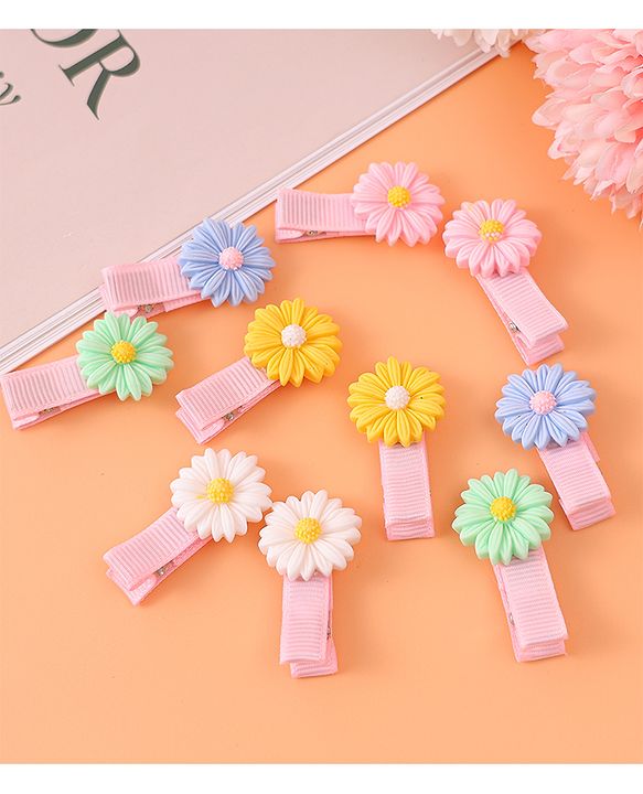 Babyhug Hair Pins And Clips With Floral  Applique Pack of 10 - Pink