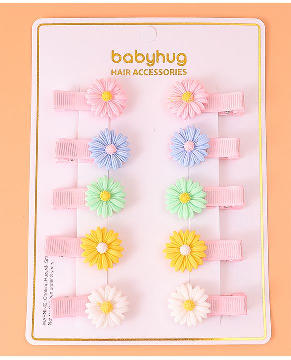 Babyhug Hair Pins And Clips With Floral  Applique Pack of 10 - Pink