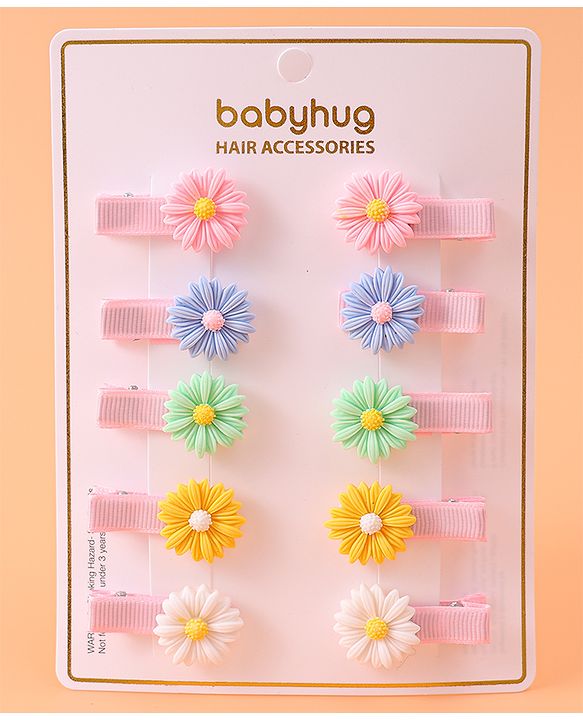 Babyhug Hair Pins And Clips With Floral  Applique Pack of 10 - Pink