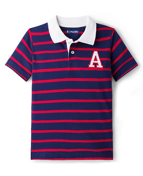 Pine Kids Cotton Knit Half Sleeves Polo T-Shirt with Stripes -  Navy Blue & Red