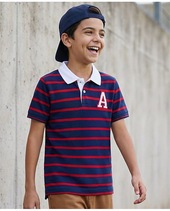 Pine Kids Cotton Knit Half Sleeves Polo T-Shirt with Stripes -  Navy Blue & Red