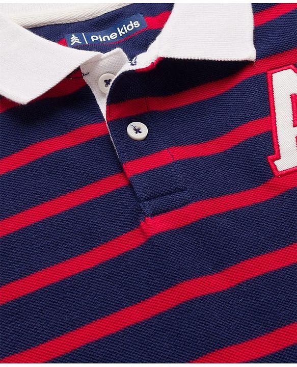 Pine Kids Cotton Knit Half Sleeves Polo T-Shirt with Stripes -  Navy Blue & Red