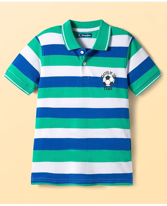 Pine Kids Cotton Knit Half Sleeves Polo T-Shirt with Stripes - Blue White & Light Green