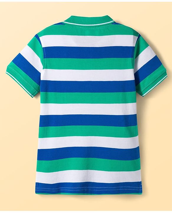 Pine Kids Cotton Knit Half Sleeves Polo T-Shirt with Stripes - Blue White & Light Green