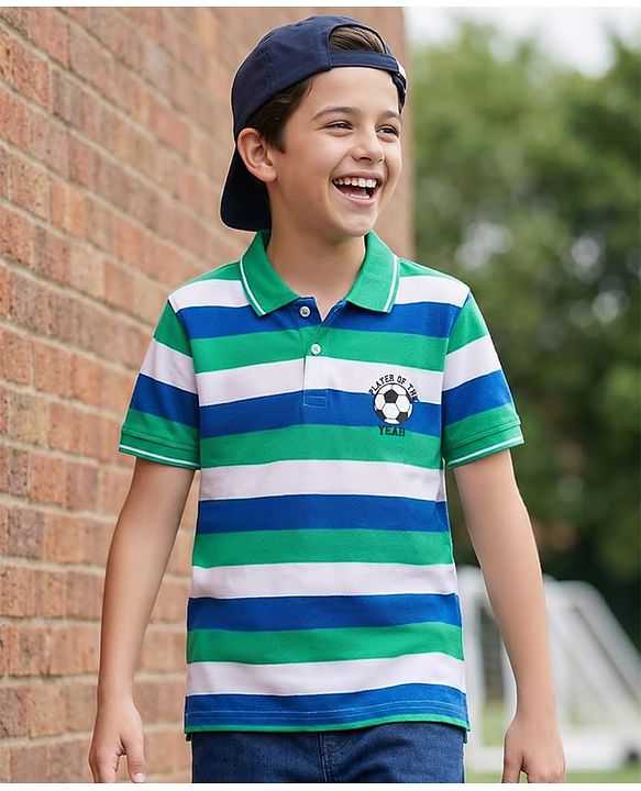 Pine Kids Cotton Knit Half Sleeves Polo T-Shirt with Stripes - Blue White & Light Green