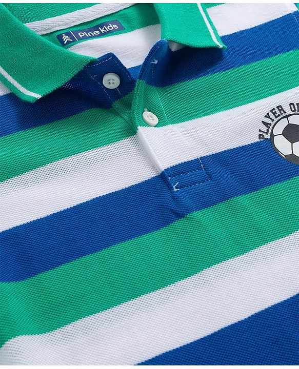 Pine Kids Cotton Knit Half Sleeves Polo T-Shirt with Stripes - Blue White & Light Green