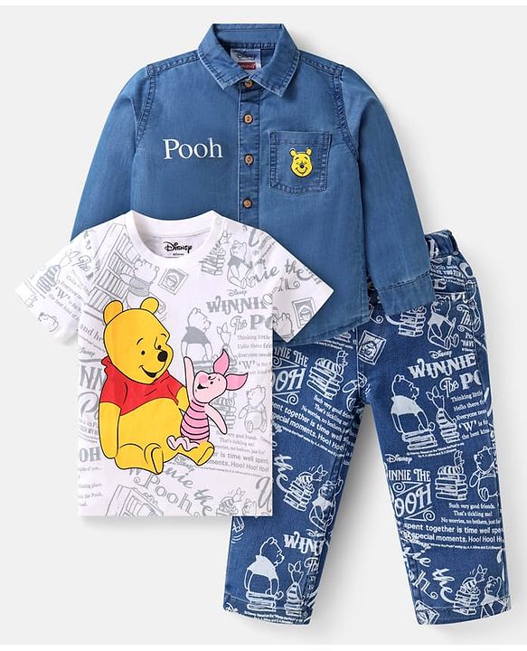 Babyhug Disney Single Jersey Knit Full Sleeves Shirt & Jeans Set With T-Shirt & Winnie The Pooh Graphics - Blue
