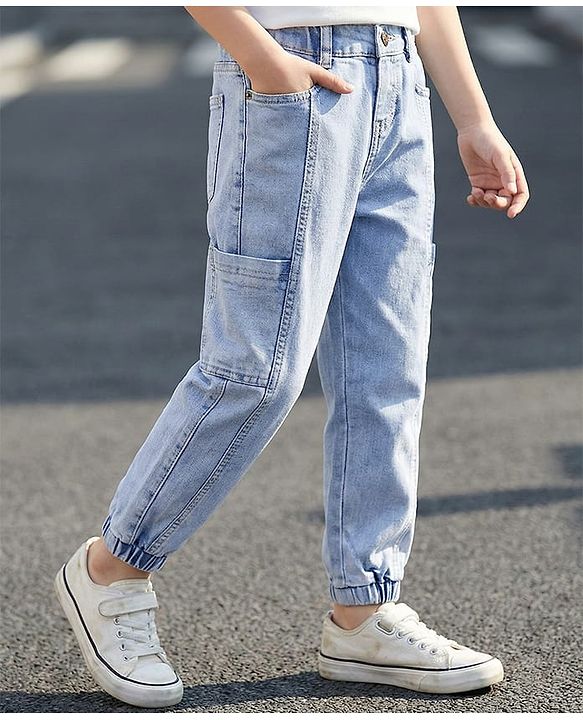 Pine Kids Denim Woven Full Length Washed Cargo Jeans with Pockets  -Blue