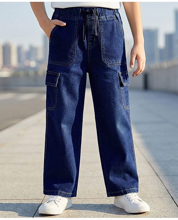 Pine Kids Denim Woven Full Length Washed Jeans with Cargo Pockets -Navy Blue