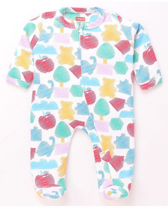 Babyhug Cotton Knit Full Sleeves Footed Sleep Suit With Jungle Theme Print - White
